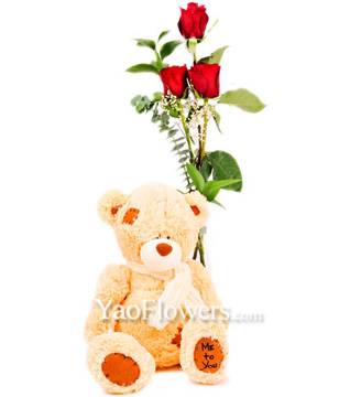 3 Roses In Red With Plush Bear