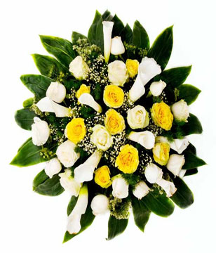 Funeral Arrangement of White Calla Lilies, White & Yellow Roses 