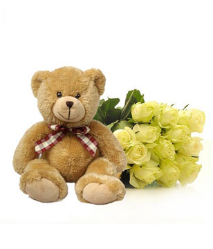 Bouquet of Dozen White Roses and a Bear 