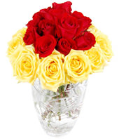 24 Red And Yellow Roses In Glass Vase 