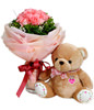 12 Pink Roses Hand Bouquet With Bear 