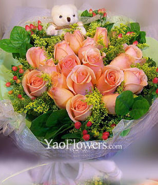 16 Champange roses with A bear
