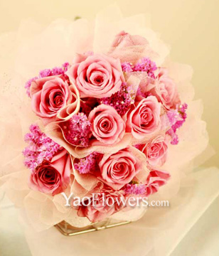 12 Pink Roses With Fillers Hand Bouquet