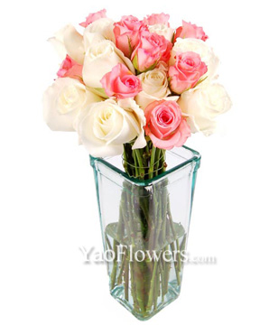 Dozen Pink & White Roses In Vase 