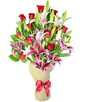 8 oriental lilies, 12 red roses and greens