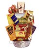 Gourmet basket with crackers, truffles, coffee, cheese, chocolates and more