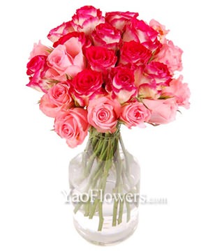 24 Pink Roses In Glass Vase 