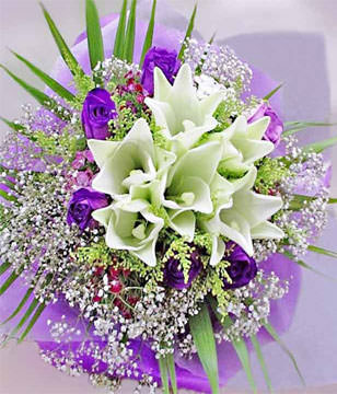 6 white lilies and 6 purple roses