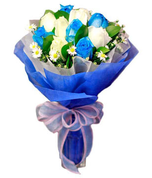 6 blue roses and 6 white roses
