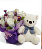 6 White Roses With Sitting Cream Bear 