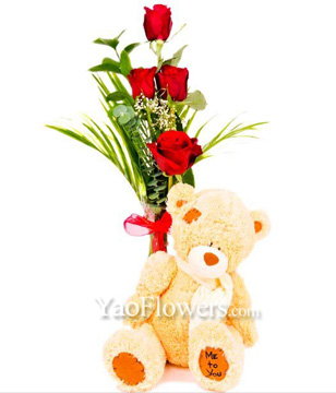 4 Red Roses With Plush Toy