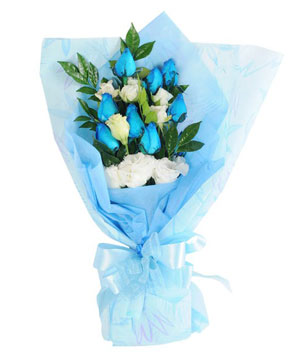 Bouquet of 9 Blue Roses & White Carnations 