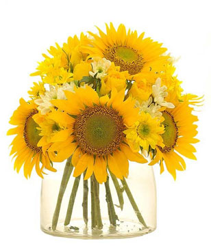 Sunflower, Yellow roses with White and Yellow Daisies in a glass vase