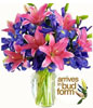 4 multiple-bloom stems pink Asiatic lilies 10 blue iris in Glass Vase