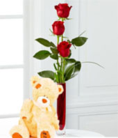 3 Red Roses With Plush Toy