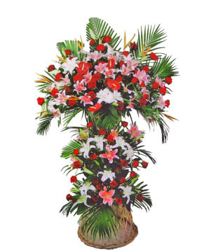 White Lilies,Pink Lilies,Red Roses,Anthura,Green Leaves,Deluxe  Package