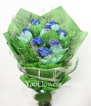 11 Blue roses with baby's breath