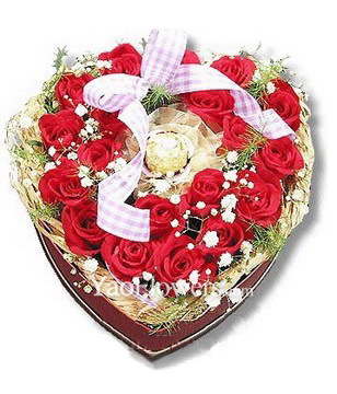 28 Red Roses, A Chocolate, heart-shaped arrangement flowers