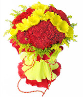38 red carnations,12 yellow gerbera