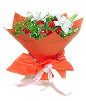 21 red carnations,2 white lilies
