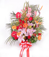 2 Pink lilium,10 red roses,6 Orange daisies