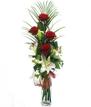 Admiration Personified: red roses and white lilies