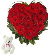25 Red roses hert shape arrangement with a six inch teddy bear