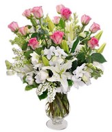 Combination of Roses, Orchids, Lilies In A Vase