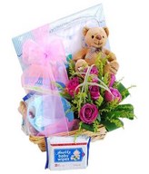 Baby hamper with Teddy bear, a roses arrangement, feeding set, baby clothing and more.