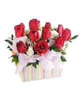 10 Red Roses with White Pom in a Box