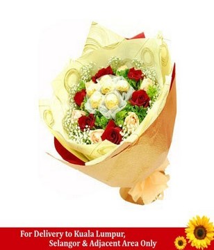 6pcs Ferrero Rocher With 6 Champagne & 6 Red Roses