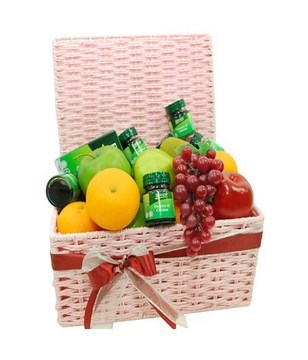 Assorted Fruits with 6 bottles of Chicken Essences Brands in A Basket Arrangement