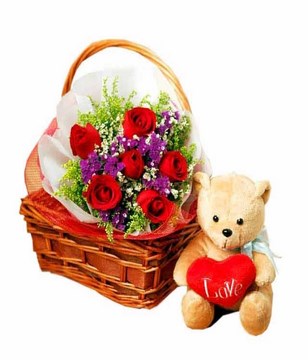 Hand Bouquet of 6 Red Roses with Fillers and Teddy Bear