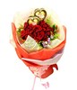 Hand bouquet of red roses and chocolates