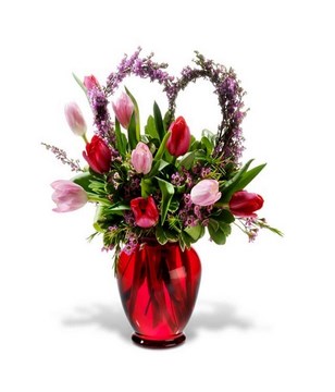 Red & Pink Tulips with Foliage in Vase