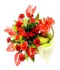 Red flower arrangement & assorted fruits in a basket