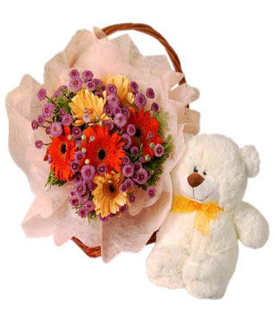 Gerberas mixed bouquet with a bear 