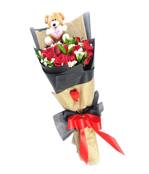 24 Red Roses with small Teddy bear