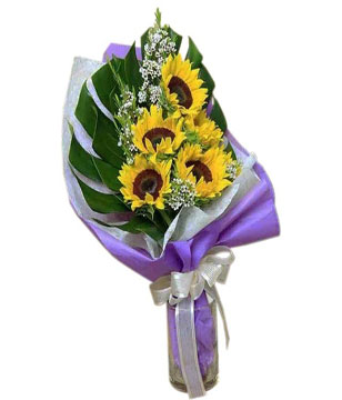 5 sunflower Handbouquet with Monstera foliage 