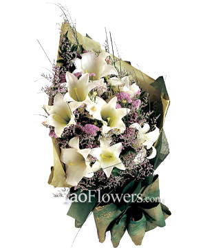 8 White Lilies, Statice, Sea Lavender & Beargrass