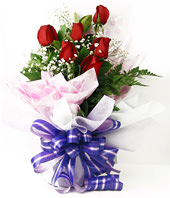 6 Red Roses with green foliages