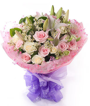 10 pink roses, 5 white roses, 2 lilies