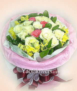 3 Pink carnations,12 White roses