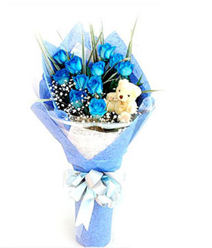 Bouquet of 12 Blue Roses with Small Teddy Bear
