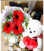 3 red gerberas and 1 bear