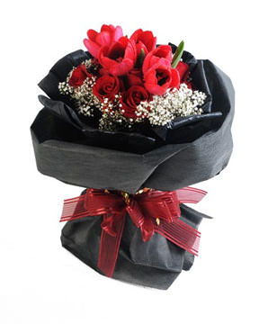 5 red tulips and 12 red roses