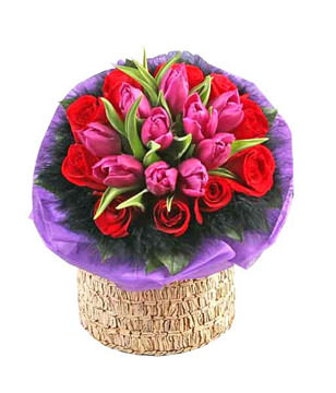 10 pink tulips and 10 red roses