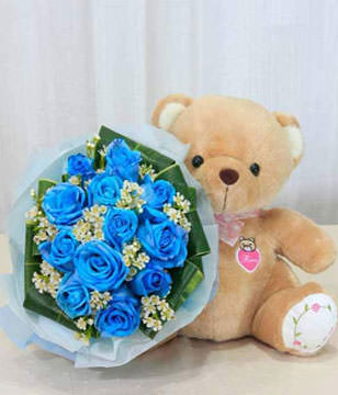 12 blue roses and a cute bear 