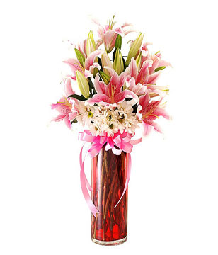 Pink Lilies with White Daisies in a Vase