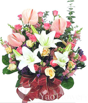 Lily. Flamingo. Rose. Raises blue. Green leaves